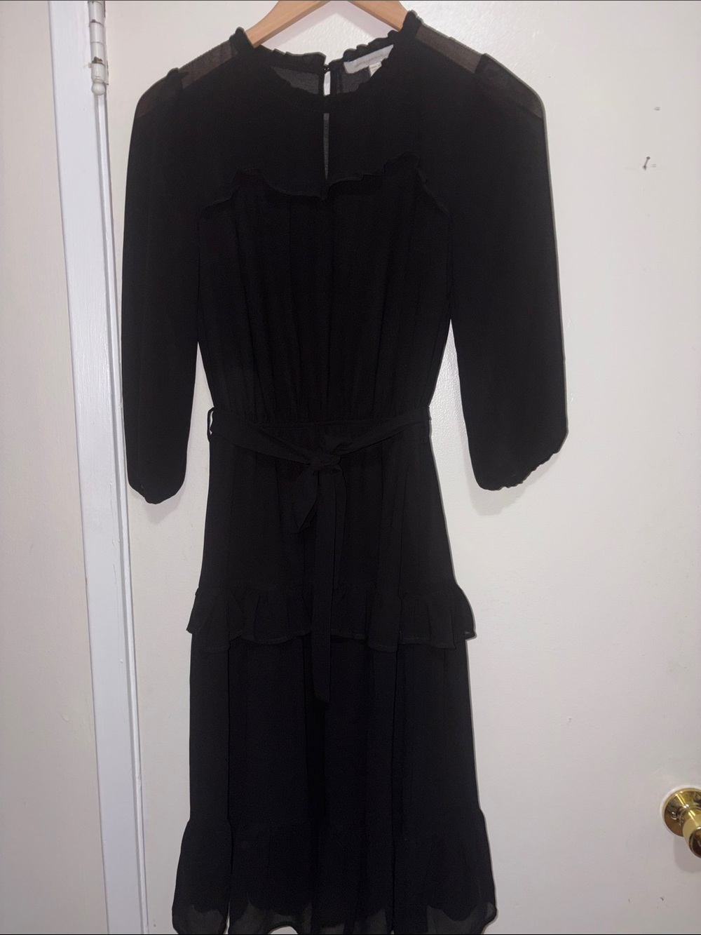 Black Long-Sleeve Ruffle Midi Dress with Waist Tie